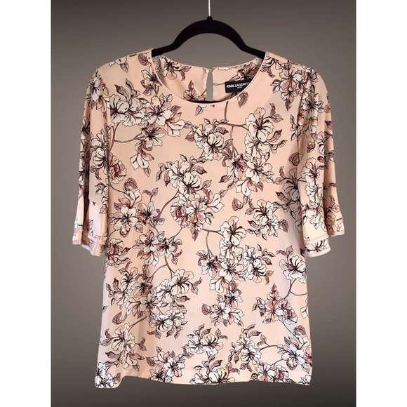 Karl Lagerfeld Tops - KARL LAGERFELD Blush Pink Floral Short Layered Sleeve Blouse‎ Shirt Sz Small EUC